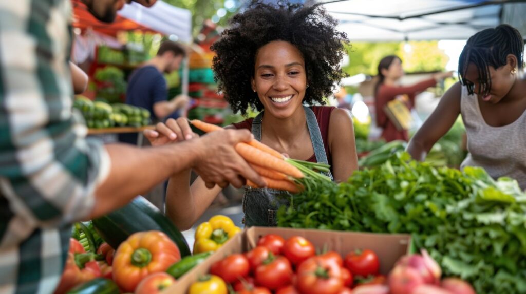 A woman buying fresh vegetables at a farmer's market.